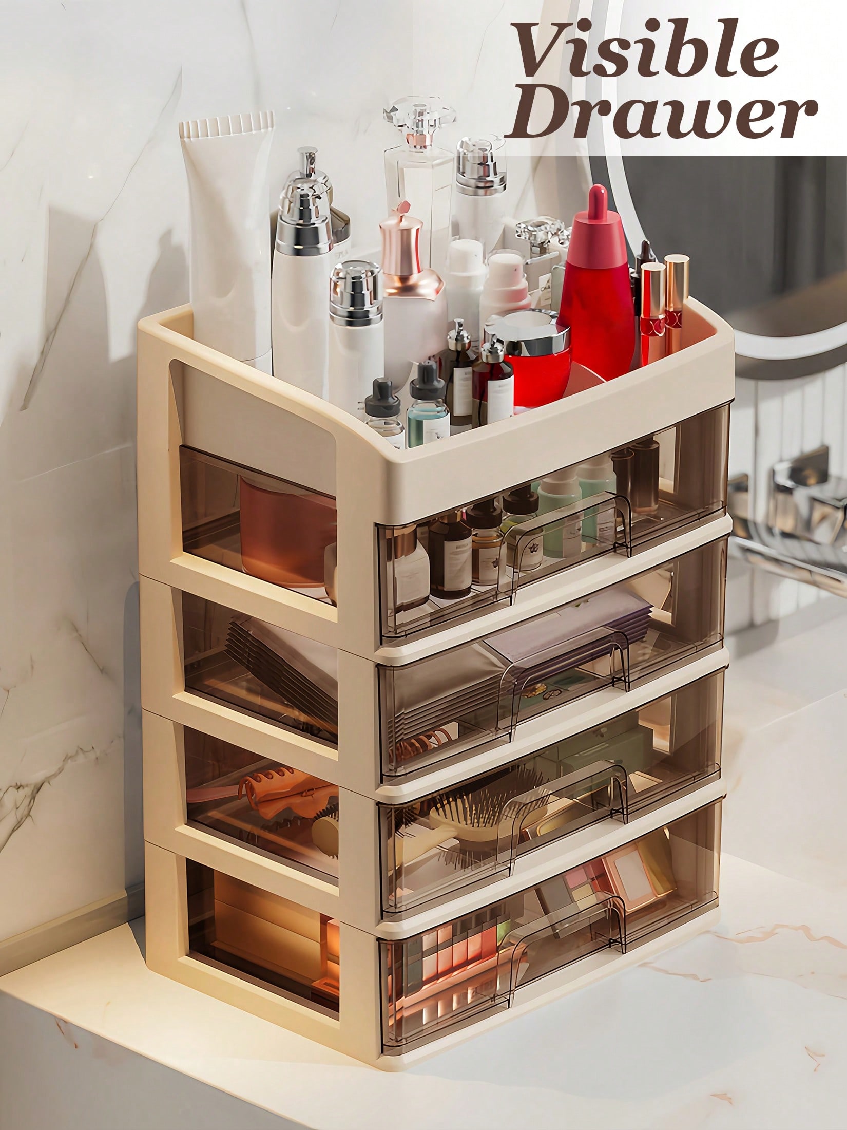 Home Essentials Bathroom Storage - 화장품 정리함, 화장품 보관용 서랍, 투명한